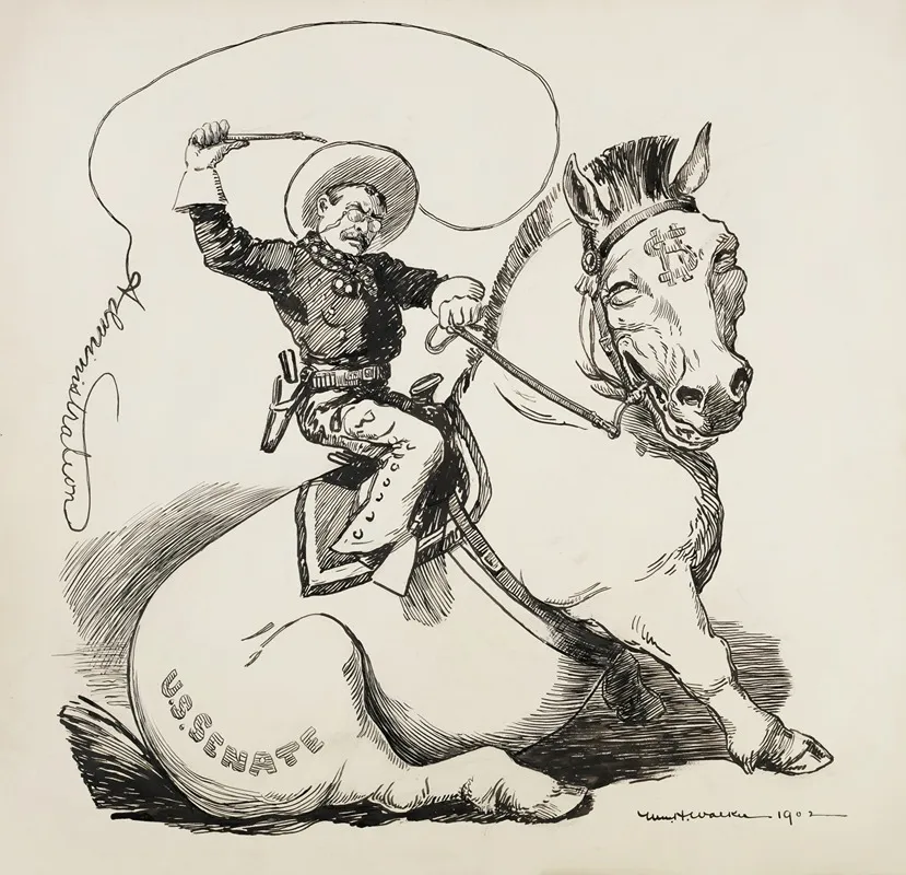 Theodore Roosevelt Depicted As A Cowboy Tries To Ride A Horse Representing The Senate But It Sits Down