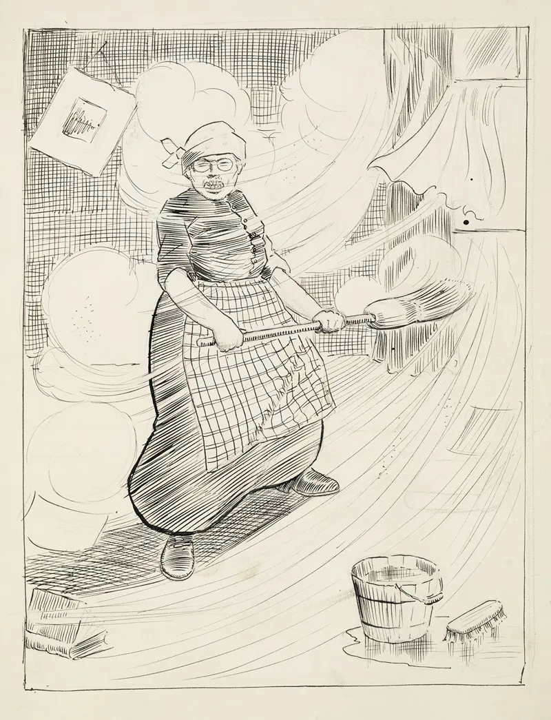 Theodore Roosevelt Depicted As An Older Woman Tries To Sweep As A Big Gust Of Wind Comes In Through The Window by Harold Imbrie - Canvas Print