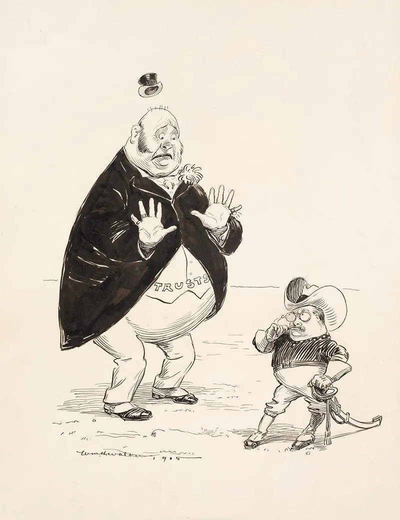 Theodore Roosevelt Dressed As A Cowboy And Carrying A Sword Threatens A Much Larger Scared Man Representing The Trusts