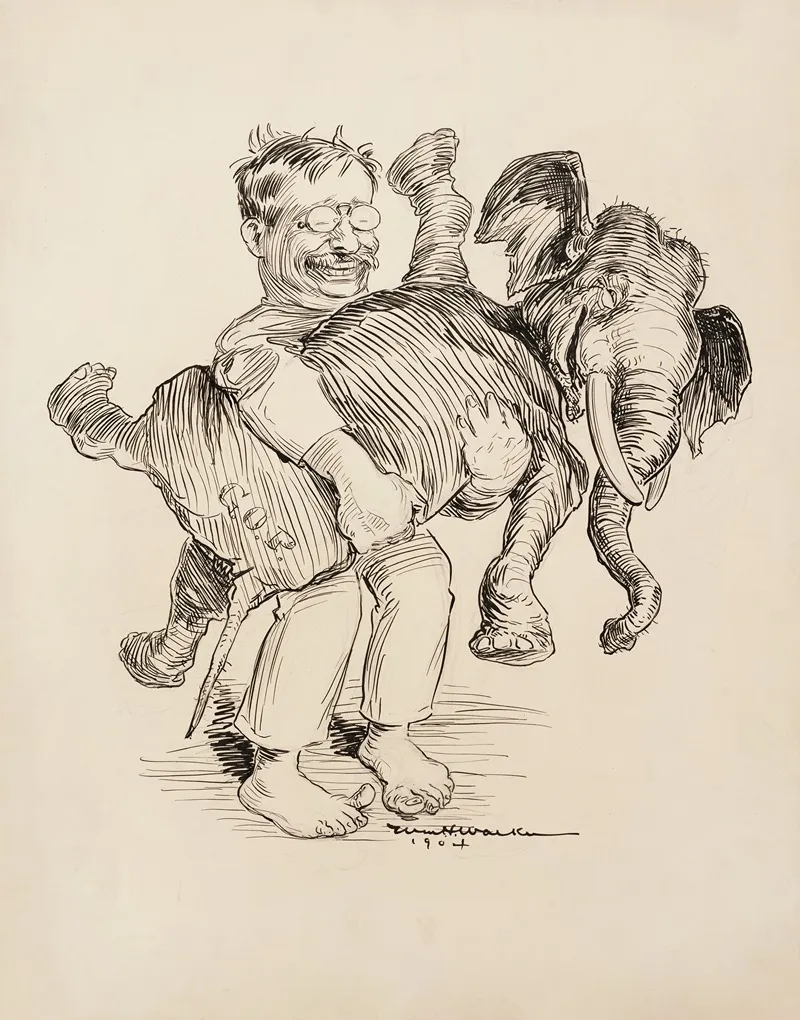 Theodore Roosevelt Holding The Republican Party Elephant Both Are Laughing