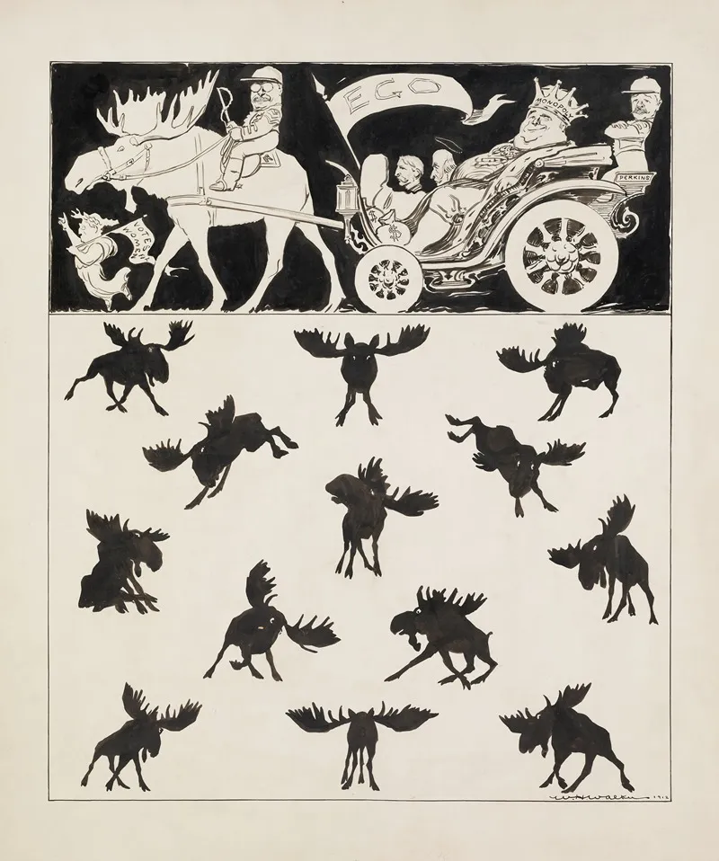 Theodore Roosevelt Riding A Bull Moose That Pulls A Carriage
