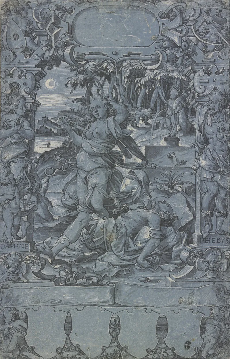Thisbe An Der Leiche Des Pyramus In Der Rahmung Links Daphne Mit Dem Amorknaben Rechts Apollo Vom Pfeile Amors Getroffen Oben Und Unten Putten