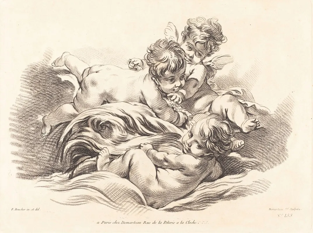 Three Cherubs Playing On Dolphin Like Wave