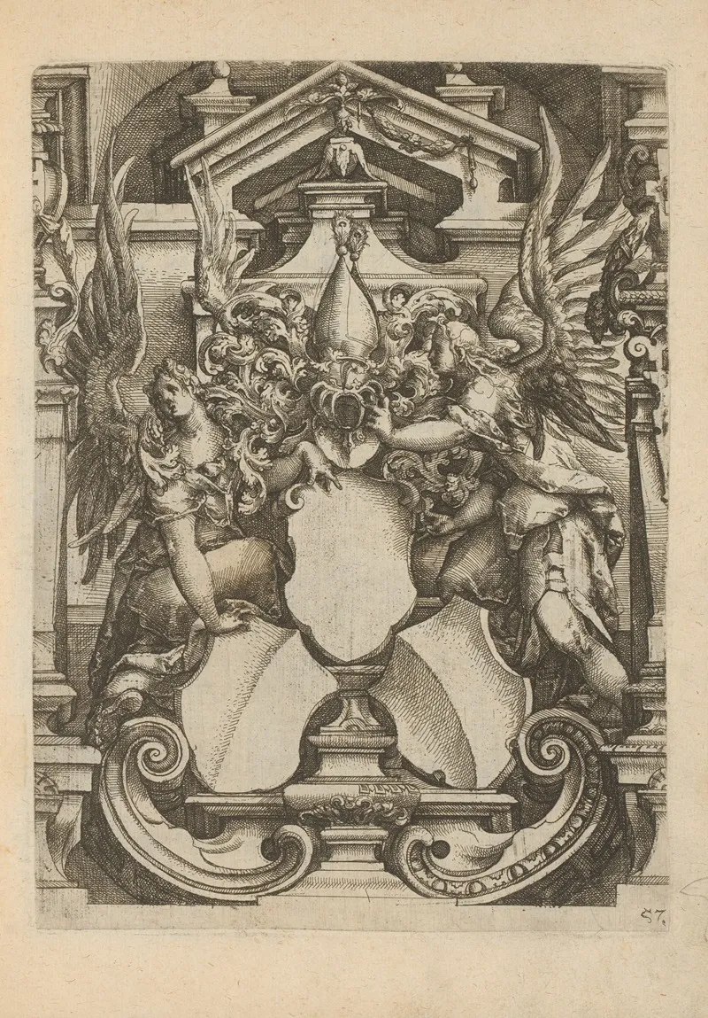 Three Coats Of Arms Between Two Angels by Wendel Dietterlin - Canvas Print