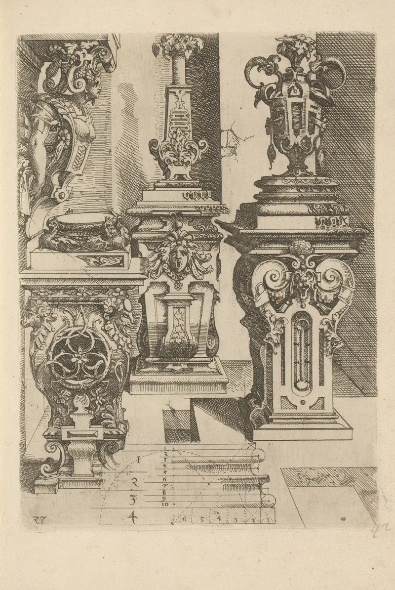 Three Composite Pedestals Decorated With Ram Heads Mascarons And Volutes by Wendel Dietterlin - Canvas Print