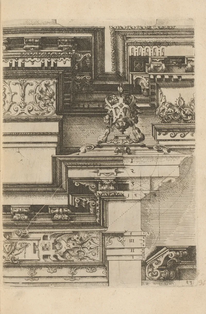 Three Corinthian Capitals A Console And Two Crowns
