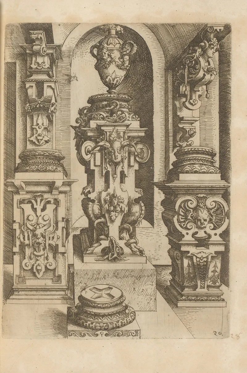 Three Corinthian Pedestals Decorated With Scrollwork And Mascarons A Corinthian Base And Two Corinthian Consoles by Wendel Dietterlin - Canvas Print