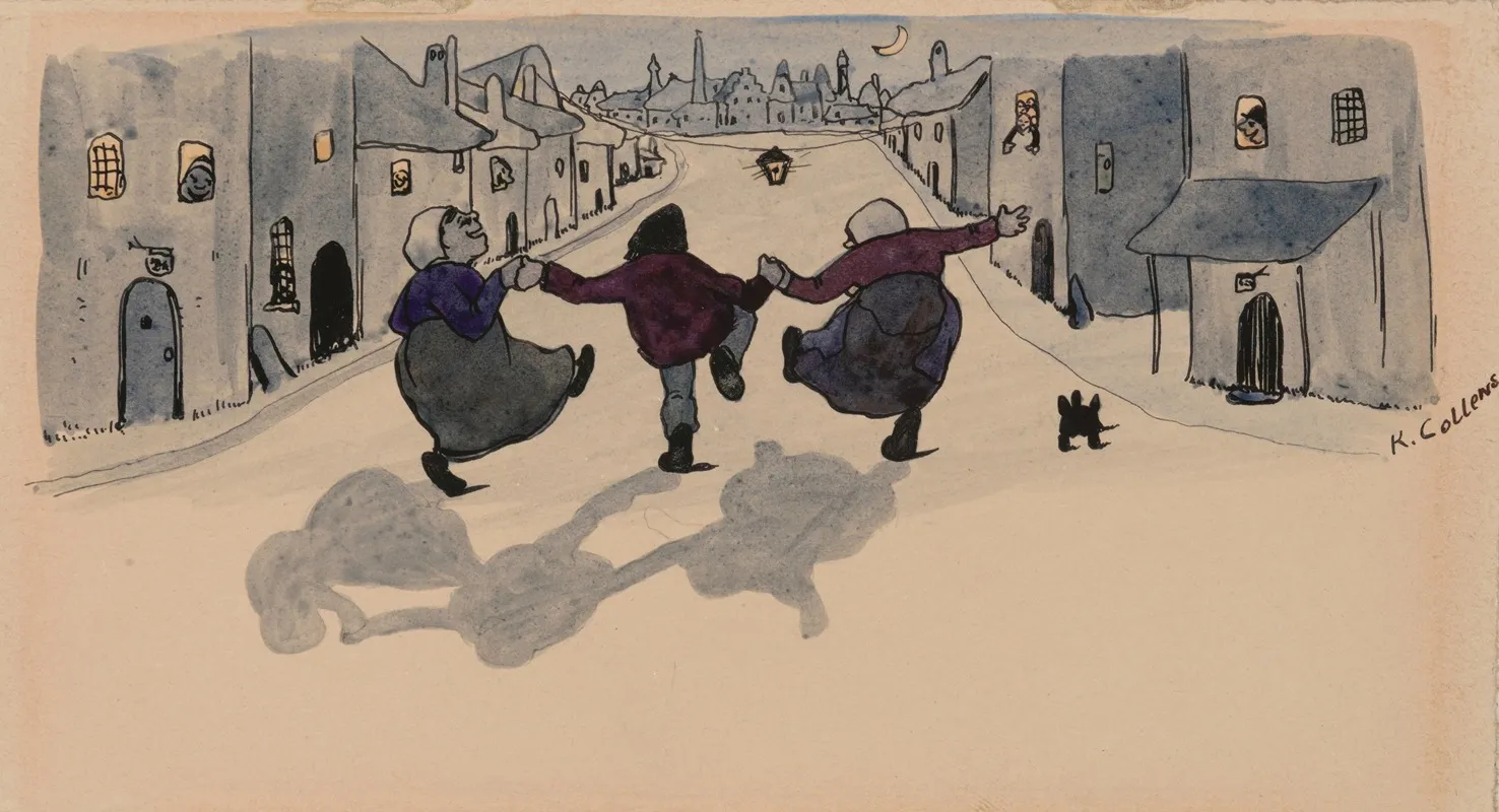 Three Dancing Figures In A Nocturnal Village by Karel Collens - Canvas Print