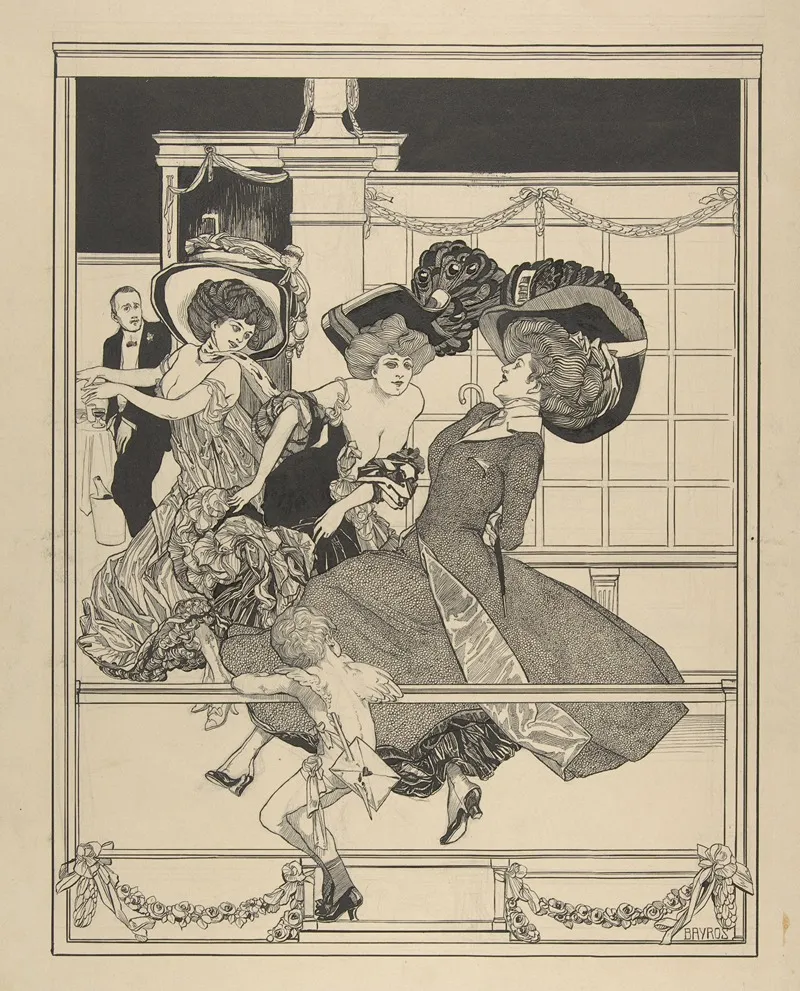 Three Dancing Women In A Restaurant Watched By Cupid by Franz von Bayros - Canvas Print