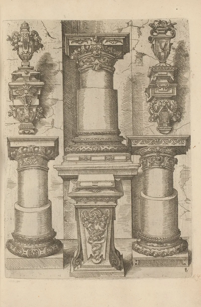 Three Doric Capitals And Bases One Doric Pedestal And Two Doric Consoles And Capitals by Wendel Dietterlin - Canvas Print