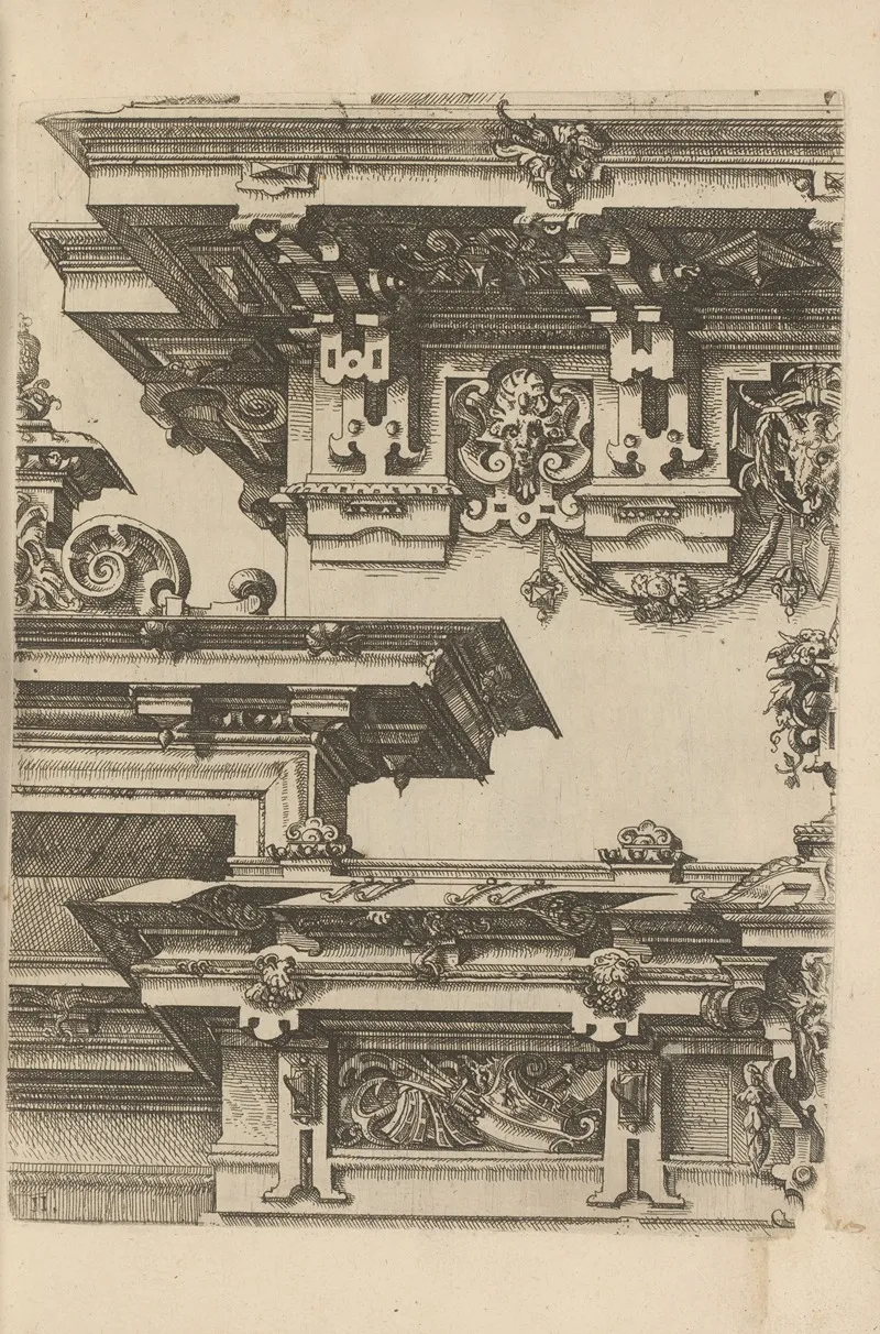 Three Doric Cornices Decorated With Scrollwork Mascarons And Garlands by Wendel Dietterlin - Canvas Print