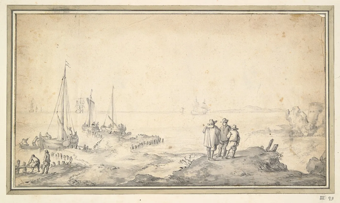 Three Figures On A Dune Overlooking Bay With Ships