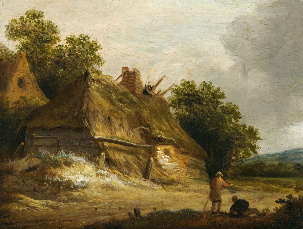 Three Figures Passing Along A Road Before A Cottage Two Figures Passing Along A Road Before A Cottage
