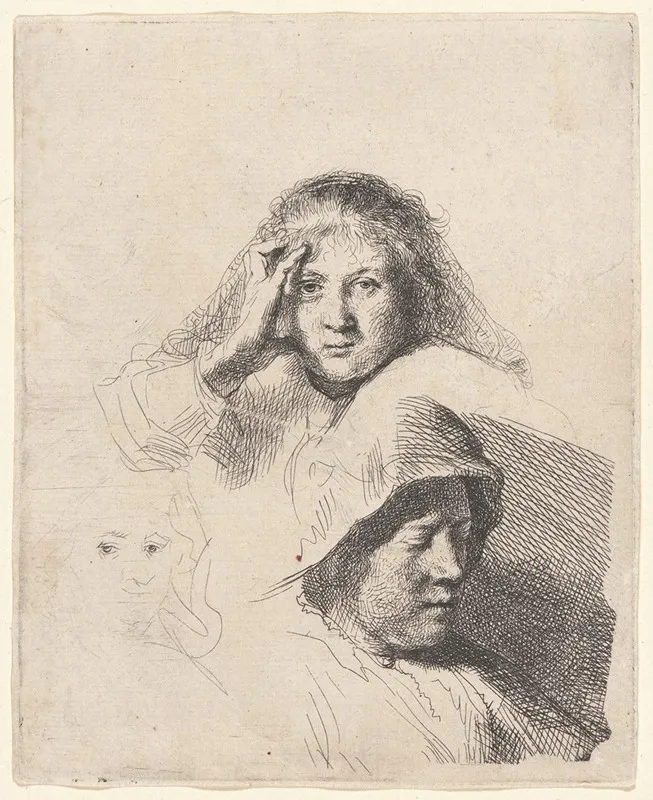 Three Heads Of Women One Lightly Etched by Rembrandt van Rijn - Canvas Print
