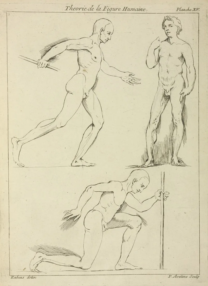 Three Male Figures One Striding And One Kneeling