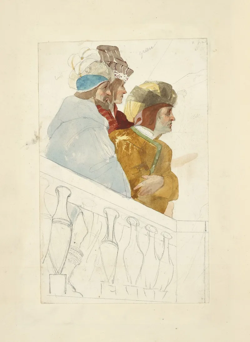 Three Men Behind A Balustrad by Stewart Watson - Canvas Print