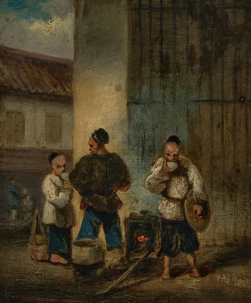 Three Men Drinking Soup Around A Brazier