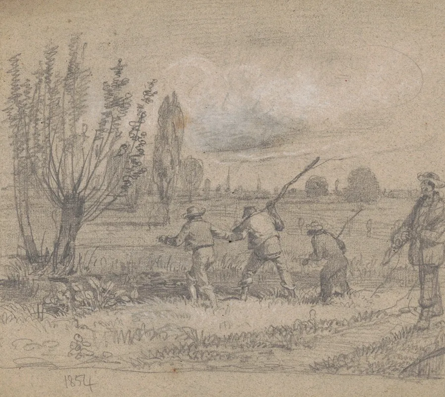 Three Men Standing At The Edge Of A Pond