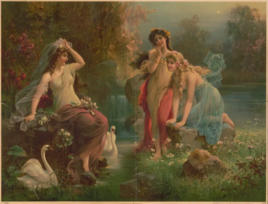 Three Nymphs With Swans