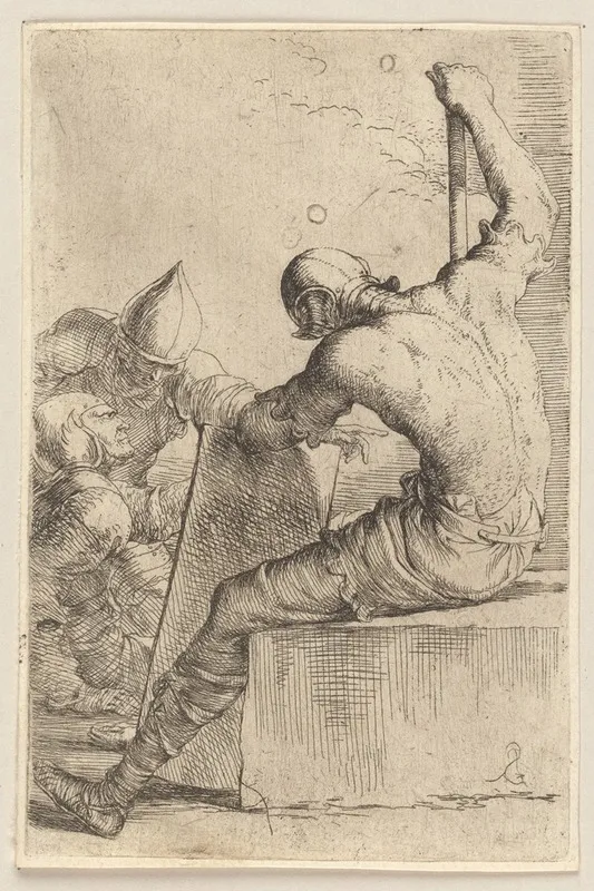 Three Soldiers One Seated And Supporting Himself With A Cane And Shield