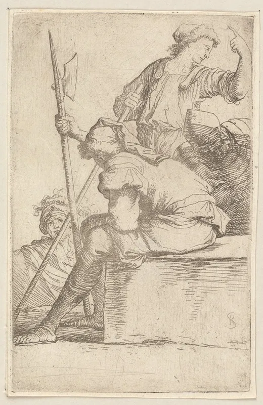 Three Soldiers One Seated On A Square Block Of Stone 2