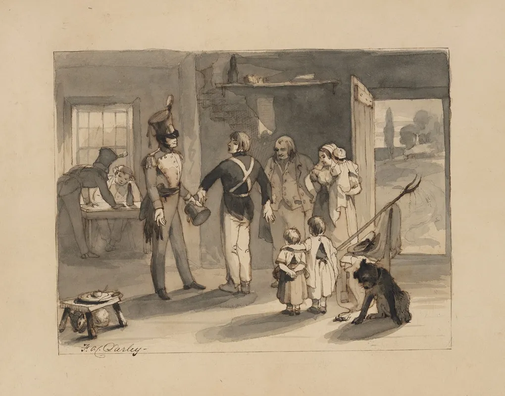 Three Soldiers With A Family And Dog