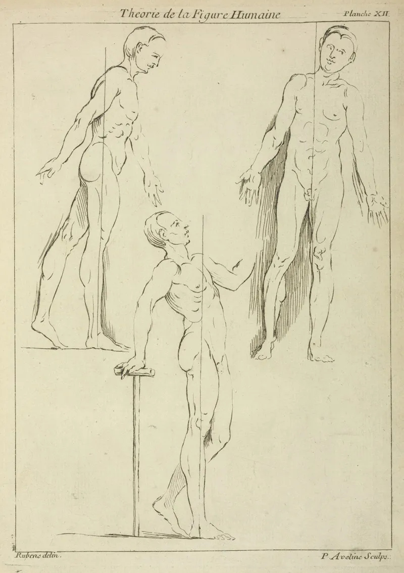 Three Standing Figures Seen From Side And Front
