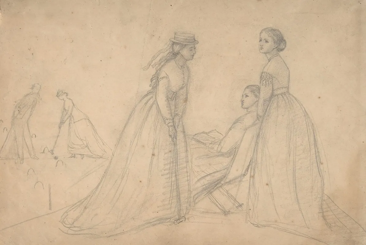 Three Women In Conversation Beside A Croquet Field