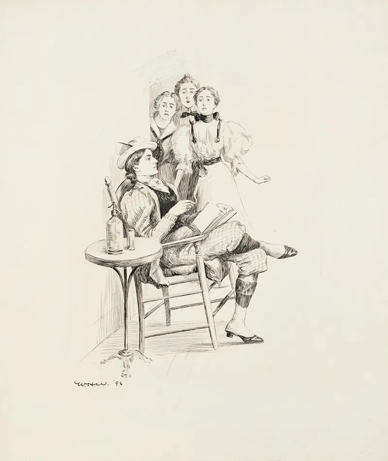 Three Women In Dresses Look Shocked At Another Woman Who Is Reading Wearing A Suit Smoking And Drinking