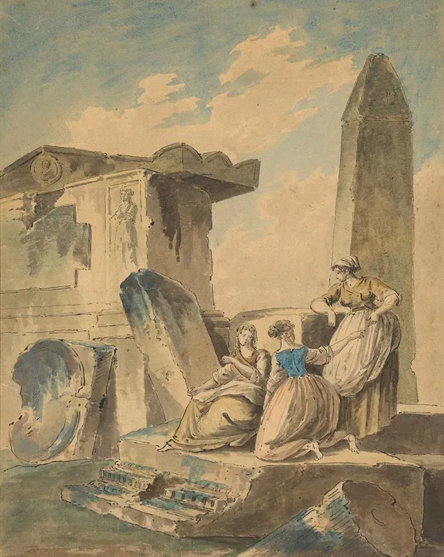 Three Young Girls By Ruins by Follower of Hubert Robert - Canvas Print