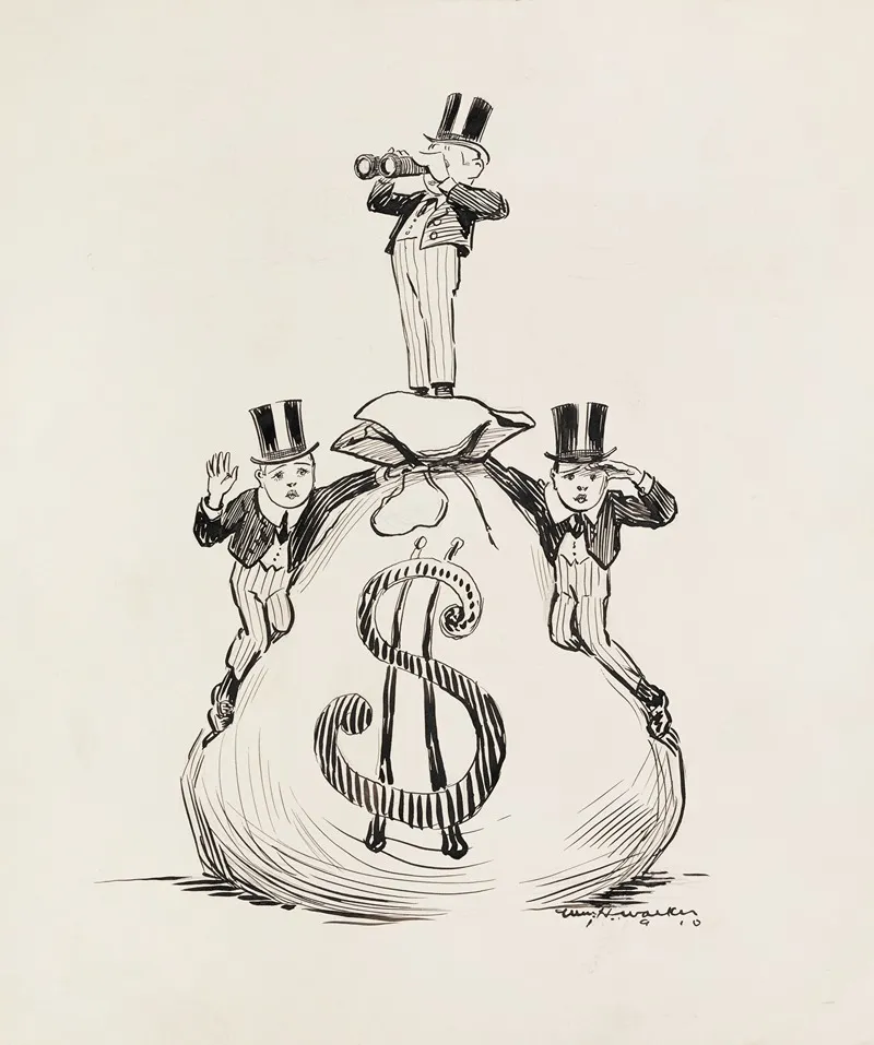 Three Young Men In Top Hats Stand On Top Of A Large Bag Of Money Looking For Something In The Distance