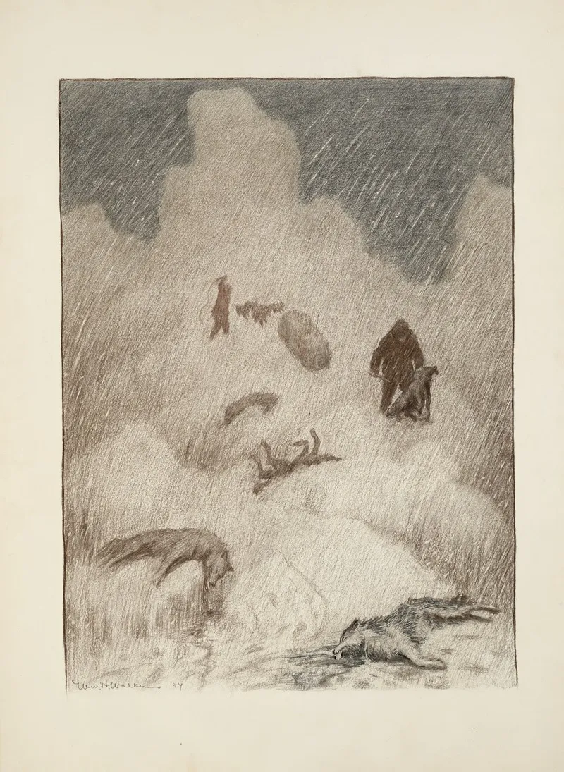 Through A Storm Two Figures Can Be Seen Clubbing Dogs Or Wolves The Bodies Of Four Others Lie On The Ground