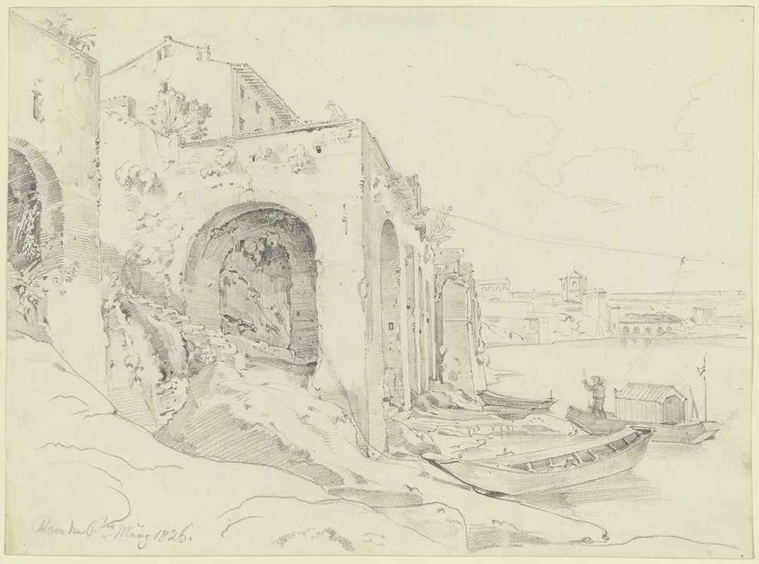 Tiberufer In Rom Mit Der Fahre Bei Der Farnesina by Ernst Fries - Canvas Print