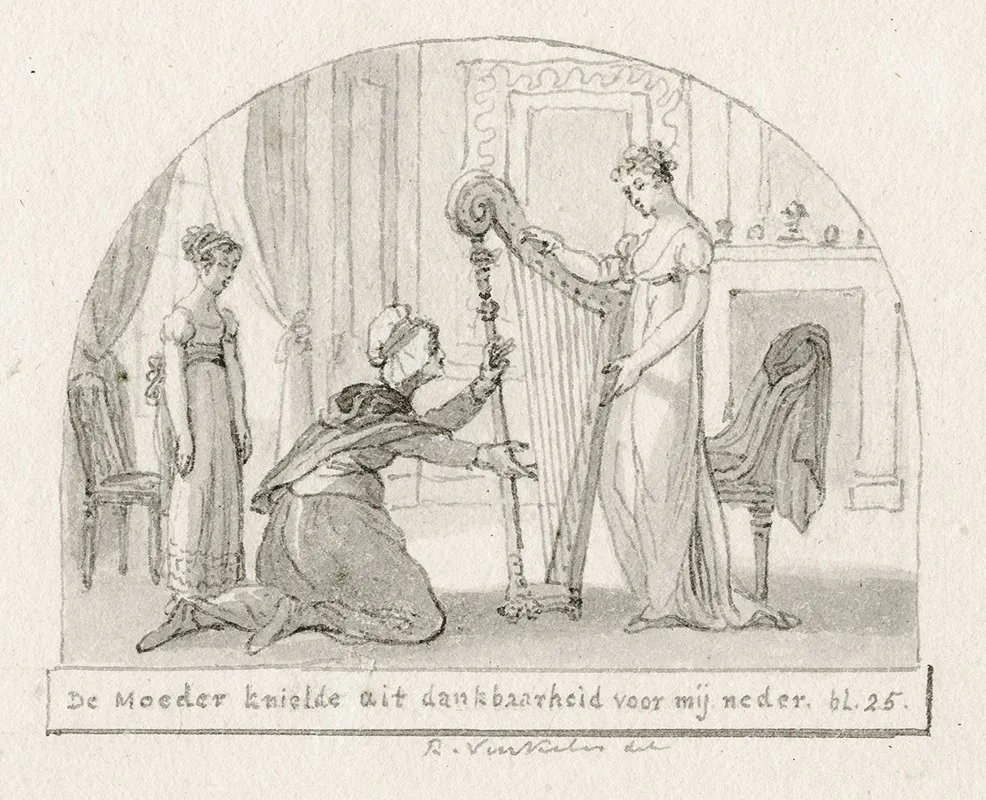 Titelblad Oudere Vrouw Knielt Bij Jonge Vrouw Met Harp by Reinier Vinkeles - Canvas Print
