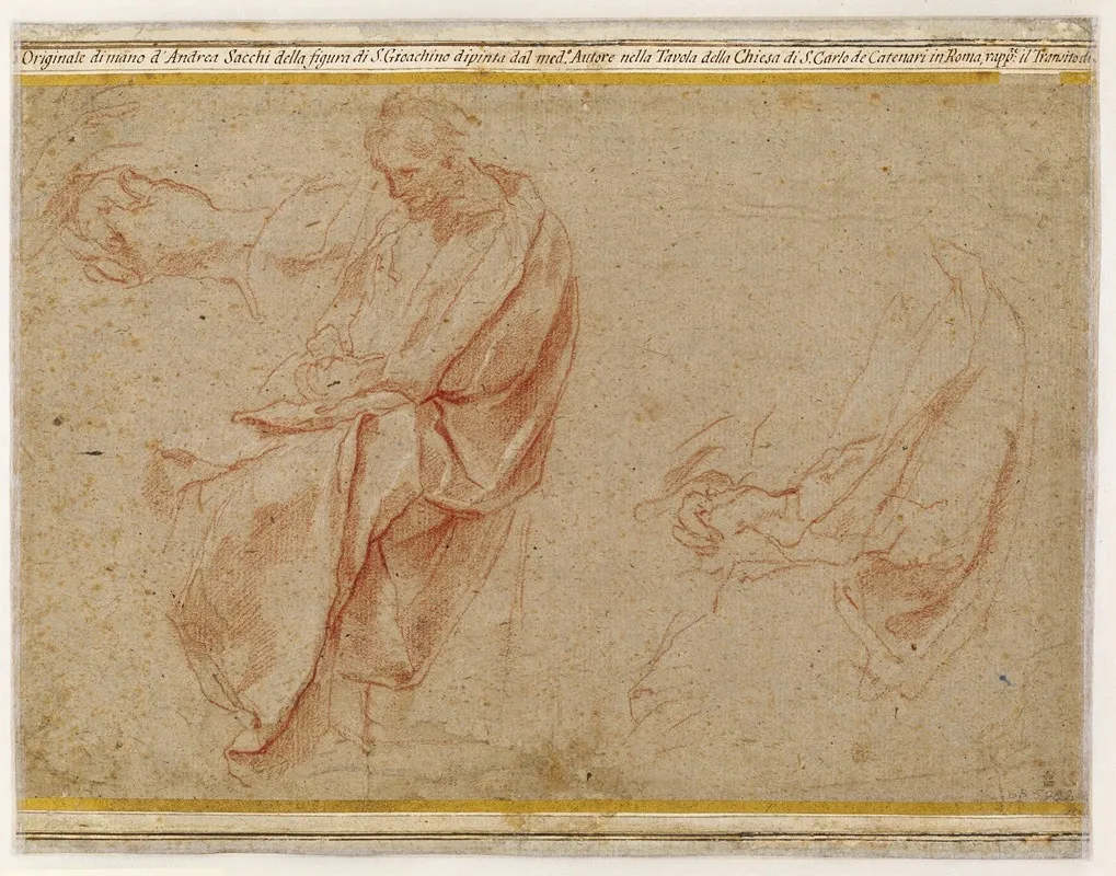 To Studier Af En Siddende Mand Samt Et Studie Af Hans Foldede Haender by Andrea Sacchi - Canvas Print