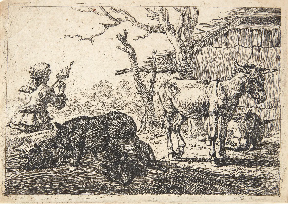 To Svin Og Tre Aesler Tv En Spindende Kvinde by Pieter van Laer - Canvas Print