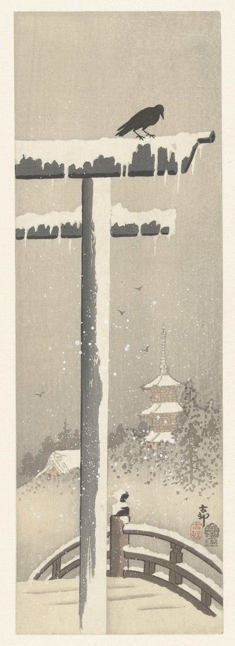 Torii In The Snow by Ohara Koson - Canvas Print