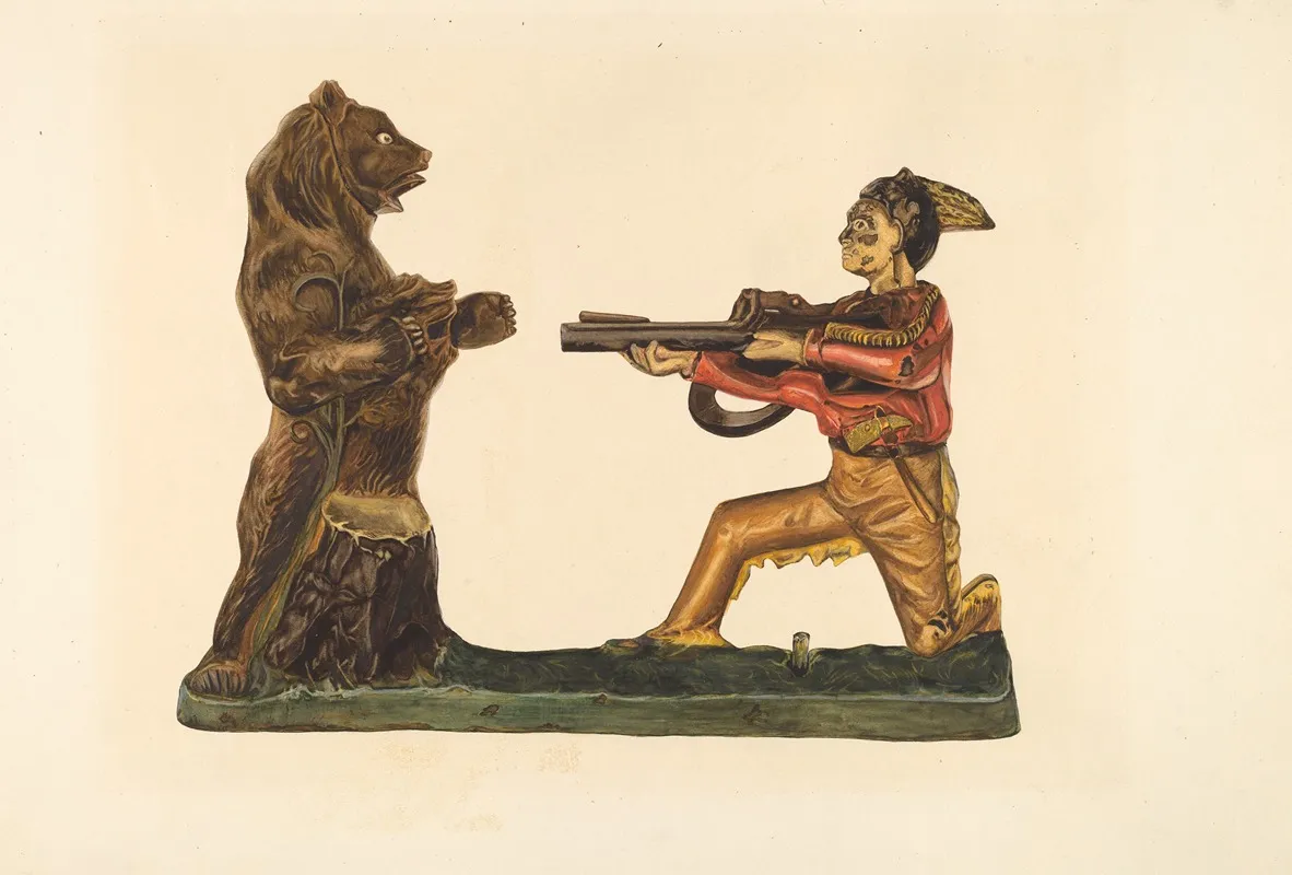 Toy Bank Hunter Shooting Bear by Einar Heiberg - Canvas Print