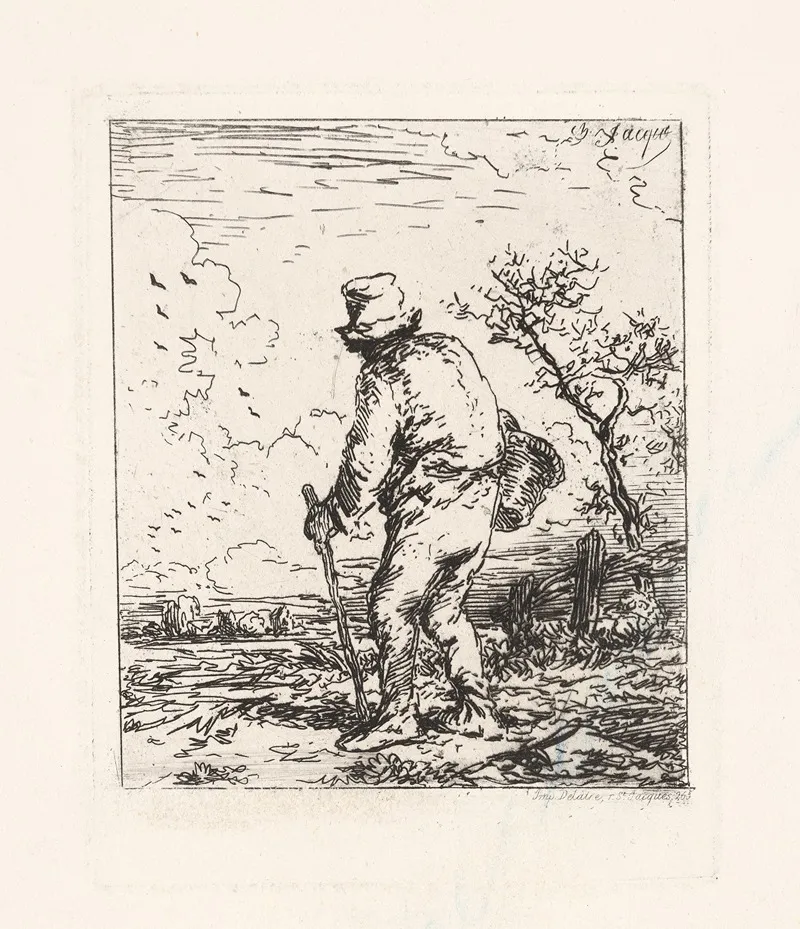 Traveling Man With Basket And Walking Stick