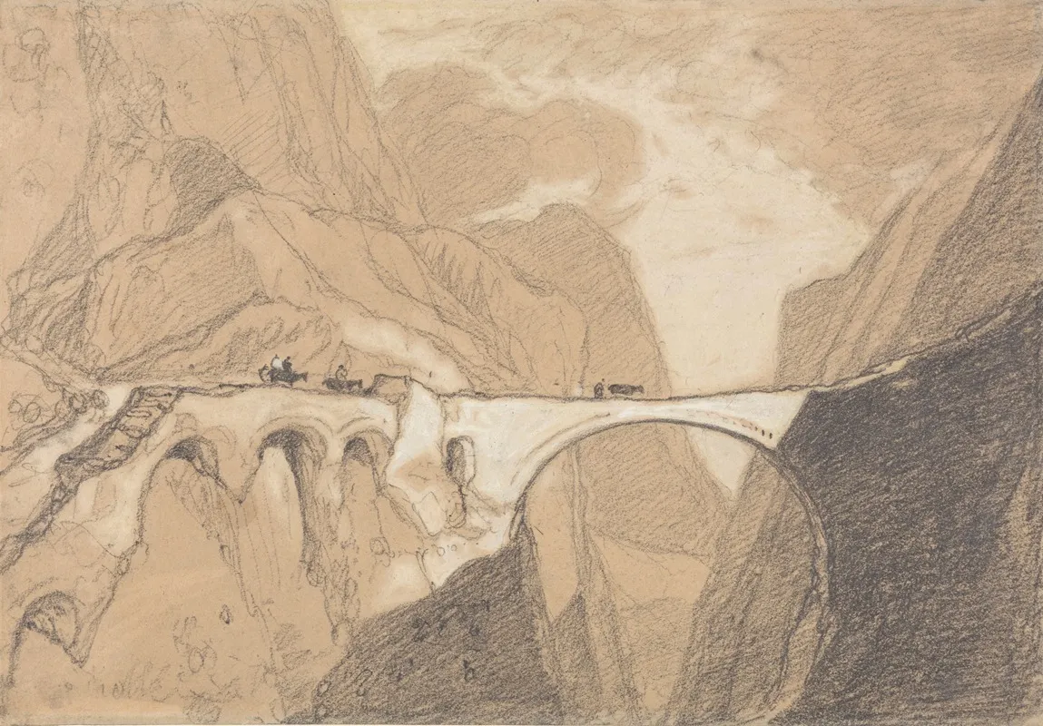 Travellers Crossing A Bridge Over An Alpine Gorge