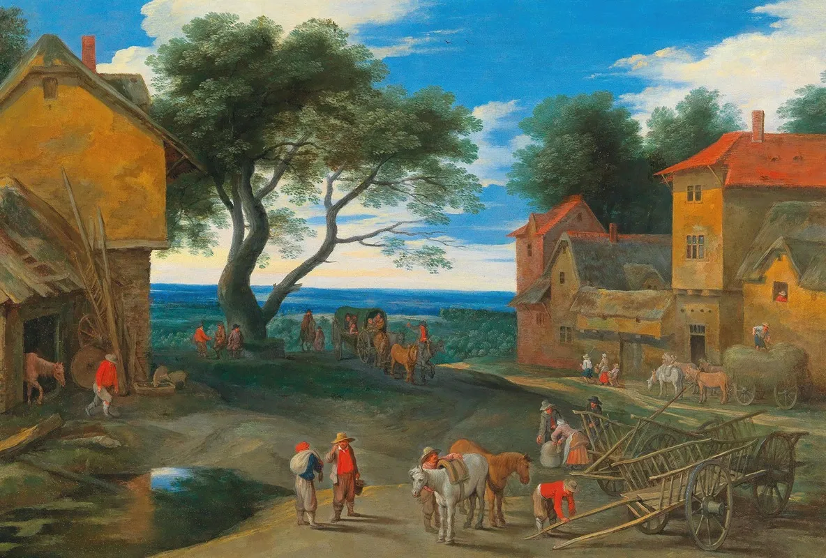 Travellers In A Landscape With Buildings by Adriaen van Stalbemt - Canvas Print