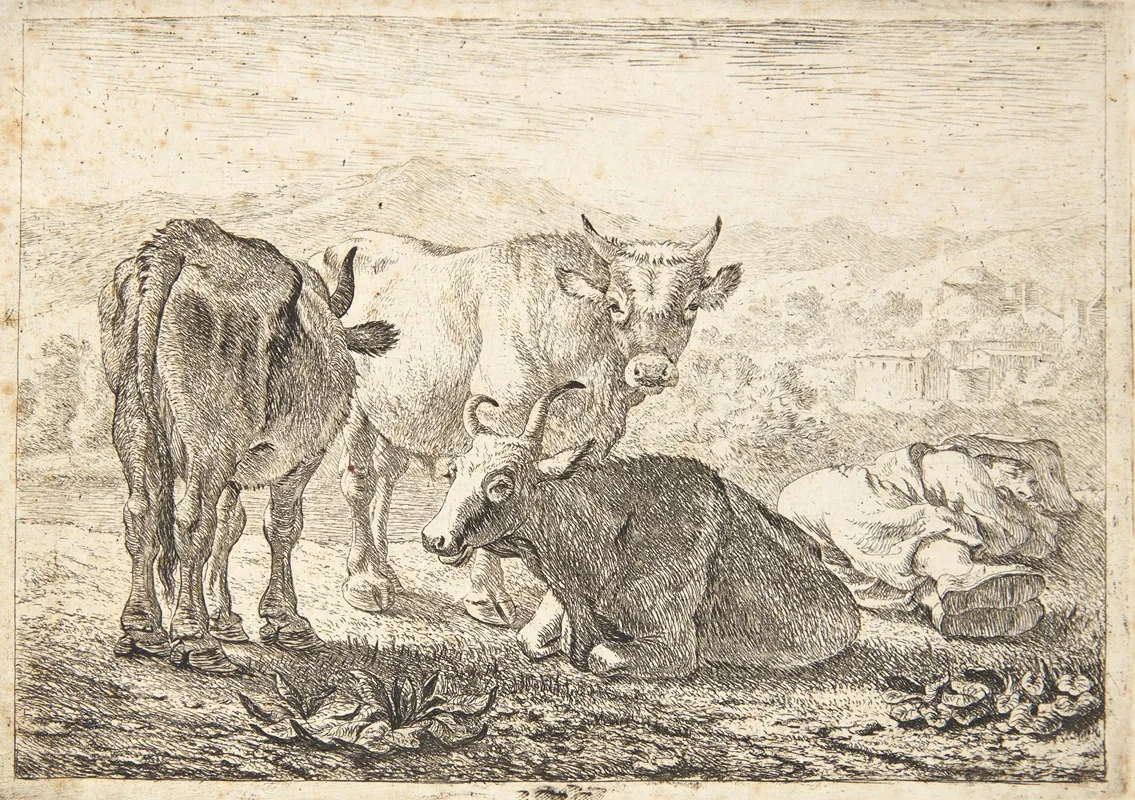Tre Stude Th En Sovende Bonde by Pieter van Laer - Canvas Print