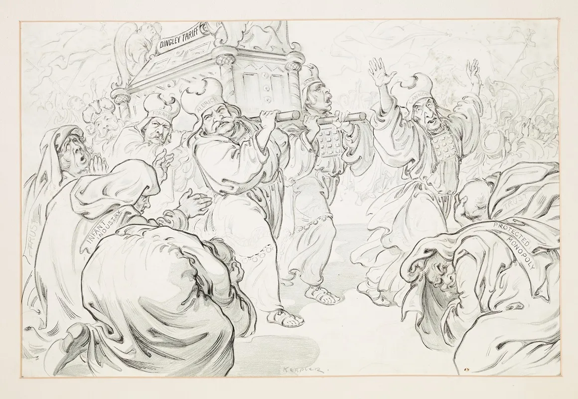 Triumphal Procession In Which Figures Labeled Lodge Foraker Aldrich And Shaw Bear A Container Labeled Dingley Tariff