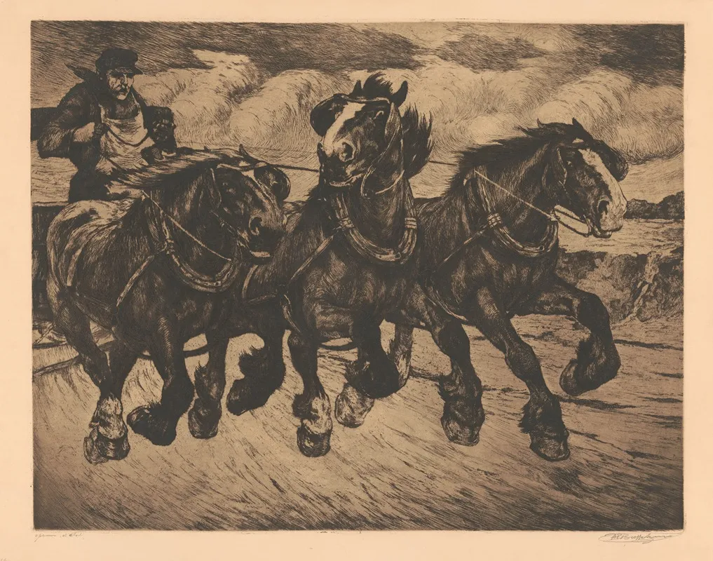 Trois Chevaux Au Galop by Constant Eugène de Busschere - Canvas Print