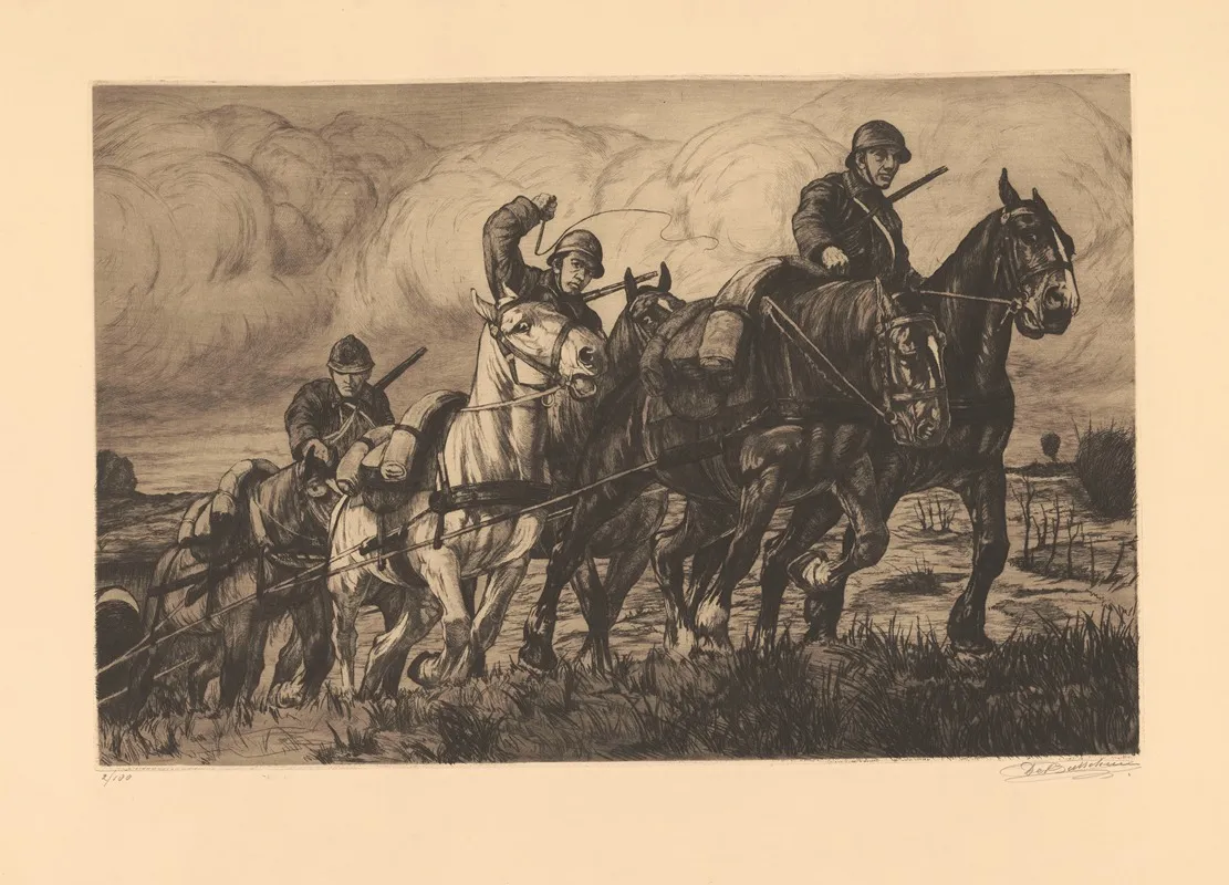 Trois Couples De Chevaux Atteles En Fleche Et Montes Par Des Artilleurs Gravissant Une Cote Sur Un Champ De Bataille by Constant Eugène de Busschere - Canvas Print
