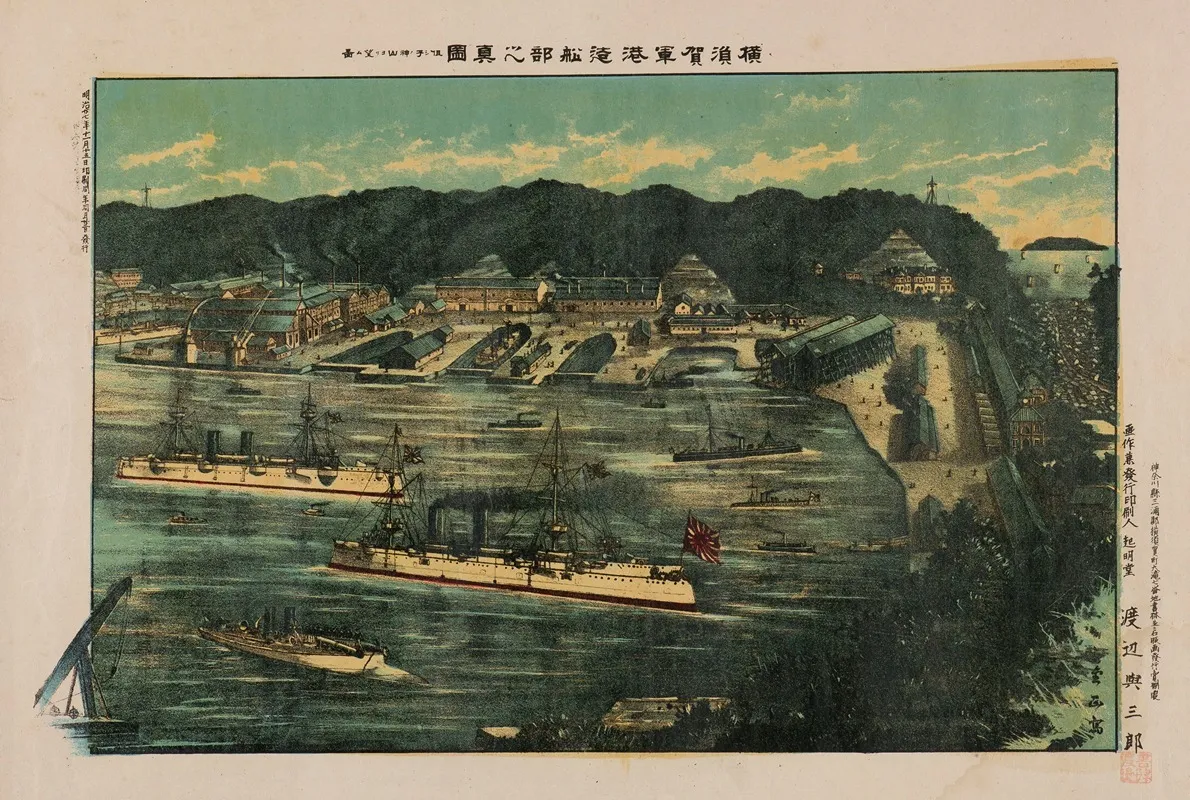True Depiction Of The Shipyards In The Naval Port At Yokosuka As Viewed From Nenokamiyama