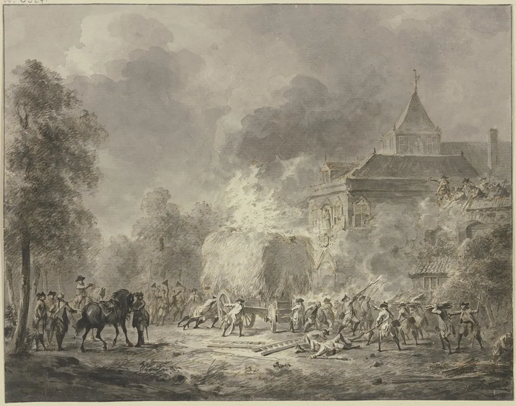 Truppen Greifen Hinter Einem Angezundeten Heuwagen Ein Kloster An by Jan Anthonie Langendijk - Canvas Print