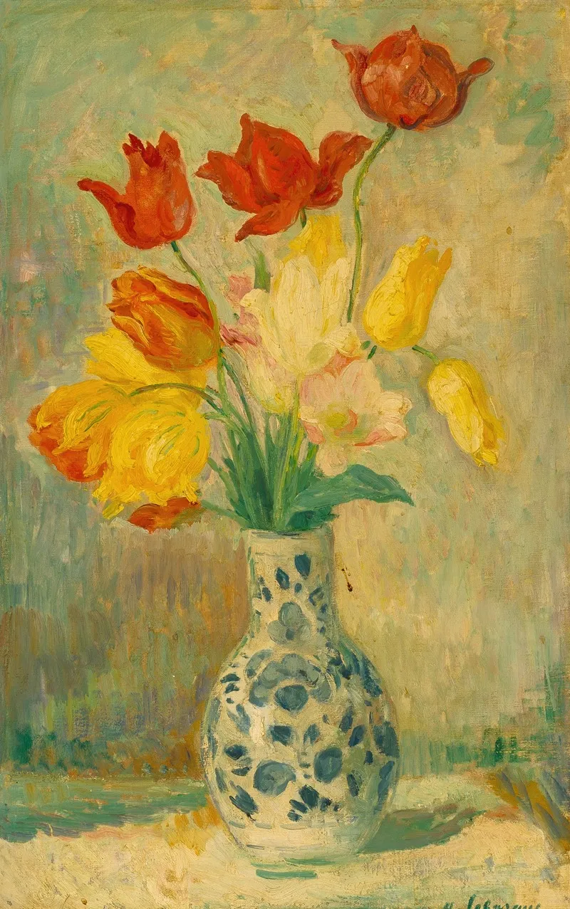 Tulips In A Delftware Vase by Henri Lebasque - Canvas Print
