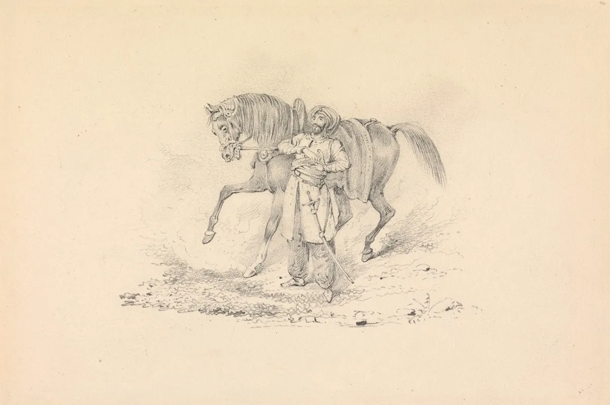 Turbaned Cavalryman Standing Beside A Horse