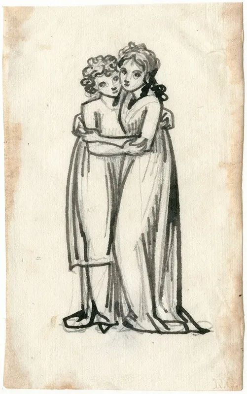 Twee Staande Elkaar Omarmende Meisjes In Lange Gewaden by David Humbert de Superville - Canvas Print